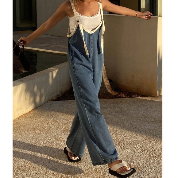 Dark Wash Wide Leg Pockets Denim Jeans Bib Jumpsuit - Picture 4 of 5